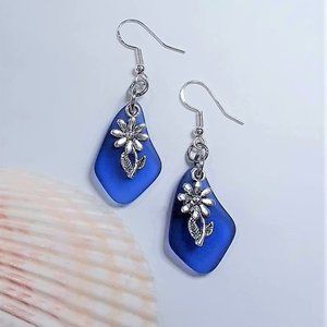 Cobalt Blue Sea Glass Flower Earrings